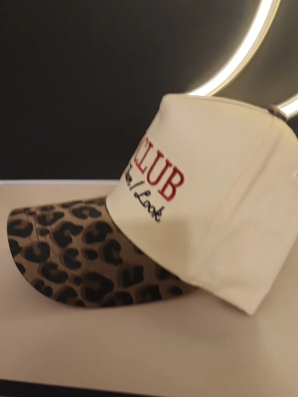 Cream and Leopard Print Baseball Cap with Embroidered Slogan